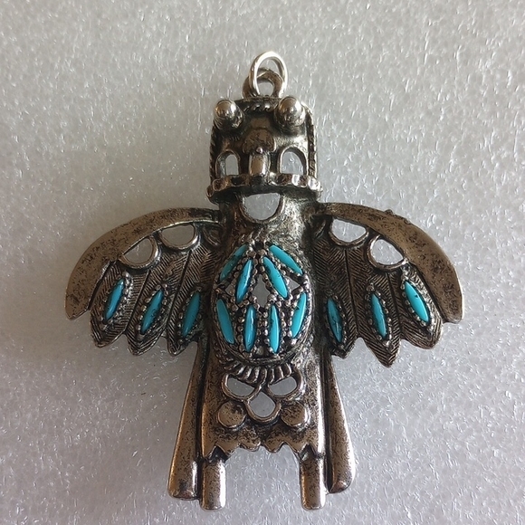 Vintage Navajo Silver plated Kachina Eagle Dancer Pendant Large Signed B.J. - Picture 3 of 7